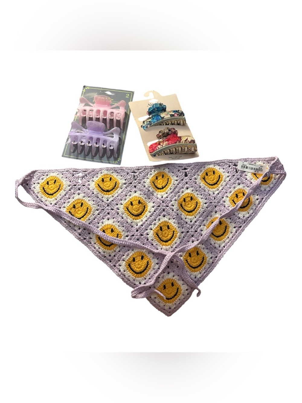 Lavender Smiley Crochet Bandana Tie Hair Accessory - Yellow Smiley Accents